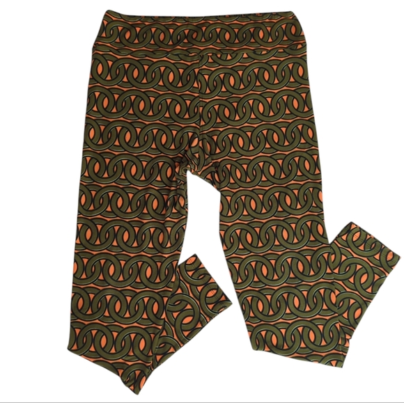 LuLaRoe Chain Pattern Leggings Tall & Curvy Orange Green - Picture 2 of 9